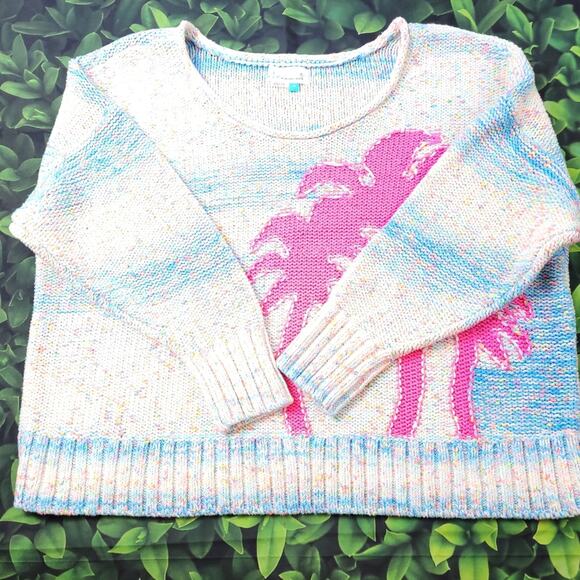 Anthropologie White Pastel Fleck Sweater with Hot Pink Palm Trees size 1X - Picture 2 of 12
